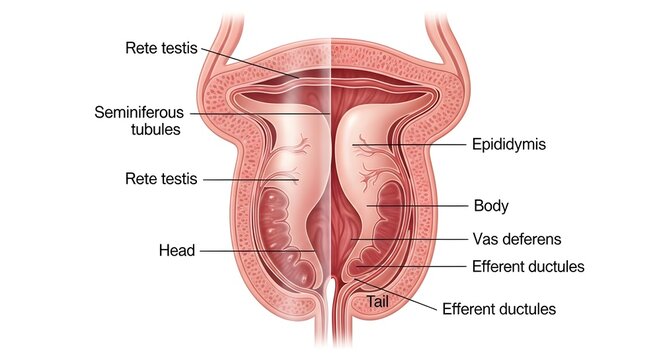 Internal Structure of the Testes and Epididymis: Coronal Section Displaying Seminiferous Tubules, Rete Testis, Efferent Ductules, Epididymal Head, Body, Tail and Continuation into the Vas Deferens for