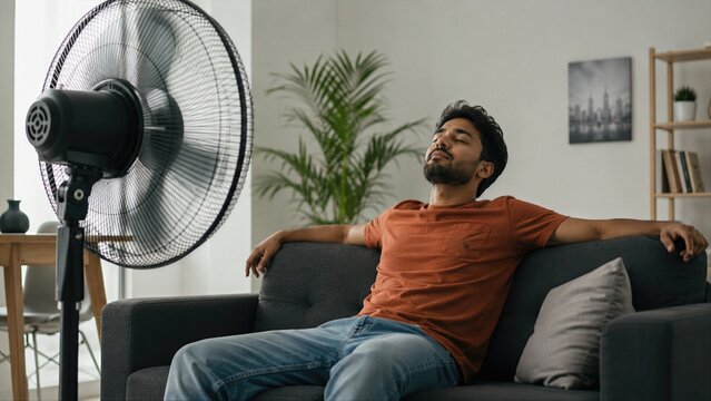 Relaxed Young Man Cooling Off with Electric Fan at Home During Hot Summer Weather Indoors