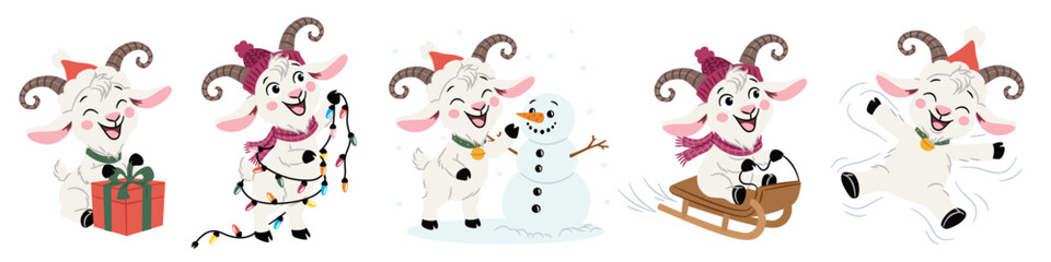 Obraz premium A collection of vector illustrations in a simple, childlike style. Cute little goats wearing Santa hats, wrapped in garlands. A collection of New Year's illustrations . Vector illustration