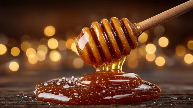 honey dripping from a wooden dipper