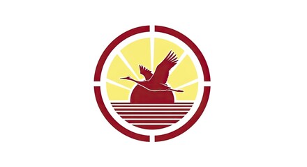 Naklejka premium Circular crane bird logo with sun and waves.