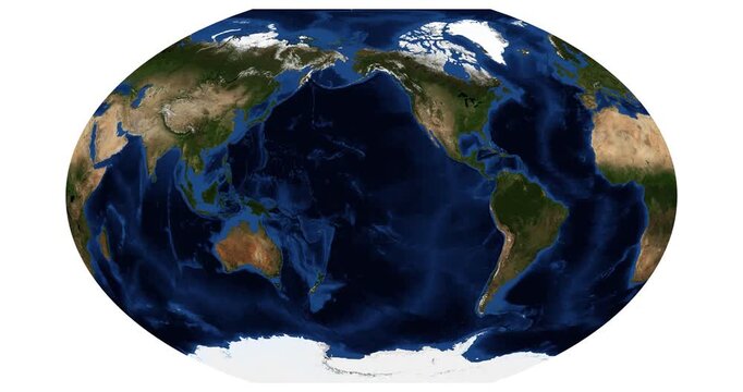 World Map in Winkel Tripel Projection. High-detail animation of Earth's physical features. Longitude shift and rotation view. June View. Elements of this video furnished by NASA.