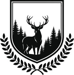 majestic deer silhouette badge in a pine forest setting © MINARANI