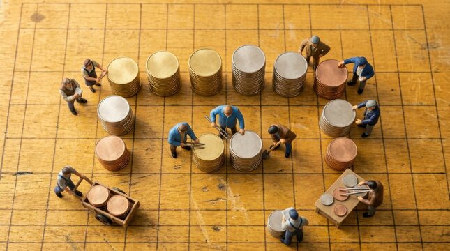 Miniature workers handling stacks of coins on a grid surface