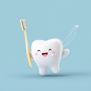 Niedlicher Zahn-Charakter mit Zahnb&uuml;rste und Zahnseide &ndash; Dentalpflege, Kinderzahnarzt, Mundhygiene und freundliche Zahnmedizin-Illustration mit Copyspace