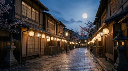 Fototapeta premium Traditional Japanese street at night with cherry blossoms and full moon