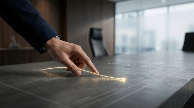 A person's hand resting on a table with a lit-up light symbolizing creativity and bright ideas in a modern setting