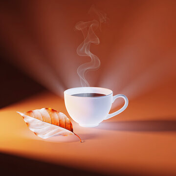 A glowing matte white coffee cup with delicate steam rising in a soft swirl, paired with a luminous autumn leaf, warm brown-orange gradient background, soft volumetric lighting, minimalist 3D render, 
