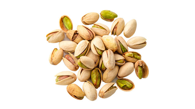 Heap of roasted organic pistachio nuts in open shells isolated on transparent background