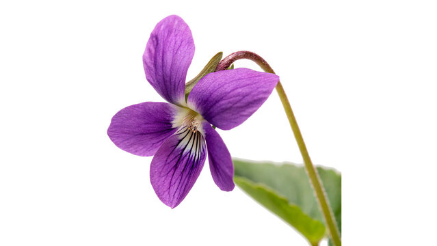 Single violet forest viola  odorata flower with green leaf isolated on transparent background