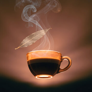 Elegant glowing espresso cup with rising steam and a delicate glowing bay leaf, dreamy warm brown gradient, soft cinematic lighting, minimalist luxury feel