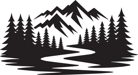 Obraz premium Forest and mountains landscape silhouette with pine trees and winding river vector illustration for outdoor adventures.