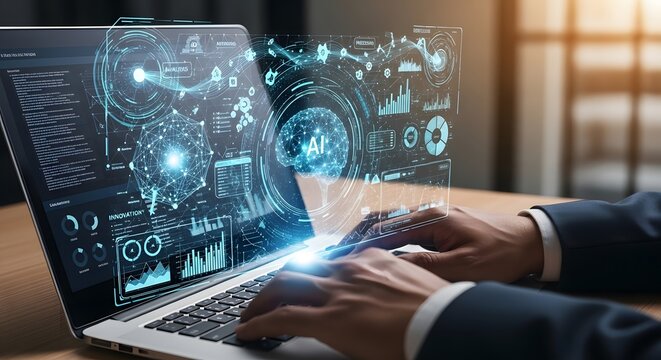 Businessman typing on laptop with futuristic artificial intelligence and business data analytics holographic interface overlay.