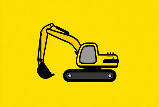 kinderbuch Minimalistische Illustration eines Baggers auf gelbem Hintergrund &ndash; Baustelle, Bauindustrie, Baumaschinen und modernes Construction-Design mit Copyspace