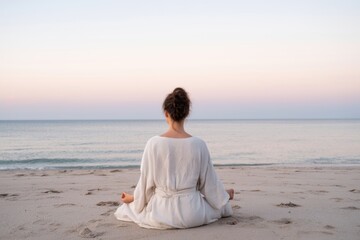 Fototapeta premium The woman meditating on a tranquil beach at sunrise with pastel sky