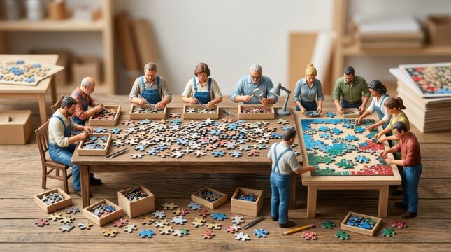 Miniature world tiny figures assembling a jigsaw puzzle in a detailed workshop scene