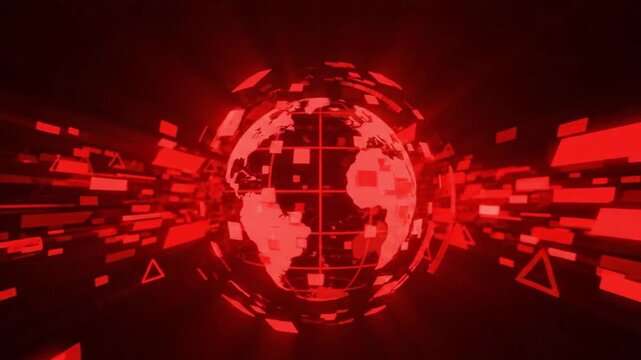 Futuristic red digital globe animation with fast-moving data streams, geometric HUD elements, and cyber technology effects. Ideal for cybersecurity, hacking alerts, globa