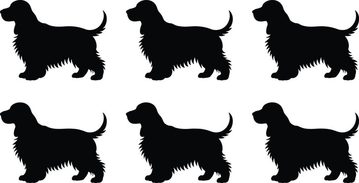 Dog silhouettes in uniform spaniel breed style with drooping ears and curved tails, vector illustration of pet animal artwork design