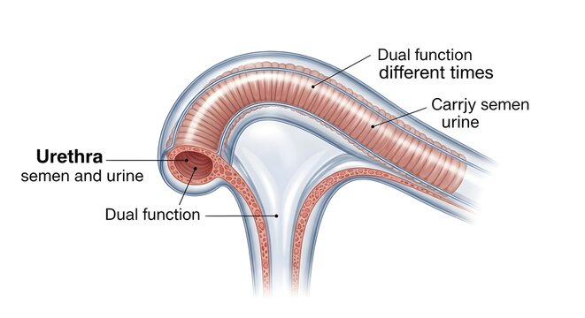 Male Urethra Functional Anatomy: Cross‑Sectional Illustration Showing Shared Muscular Tube Carrying Urine and Semen at Different Times, Epithelial Lining, Lumen and Role in the Lower Urinary and Repro
