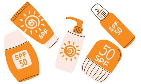 Sunscreen cream set. SPF 50 lotion bottle icon for summer beach poster, skincare product banner, sun protection blocker label, summer sticker