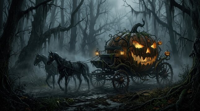 Pumpkin carriage pulled by horses on foggy forest road. Halloween fantasy concept.