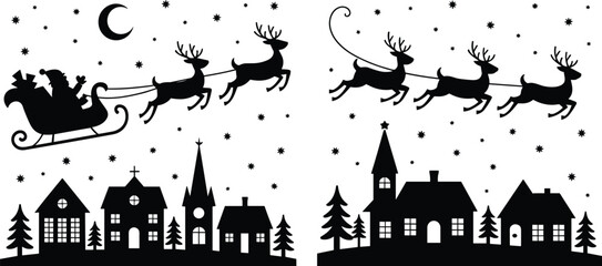 Santa Claus sleigh with reindeer flying over town, vector illustration of Christmas holiday festive artwork design elements silhouette © MstMostarina