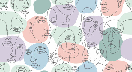 Fototapeta premium Continuous line art faces pattern with pastel abstract shapes