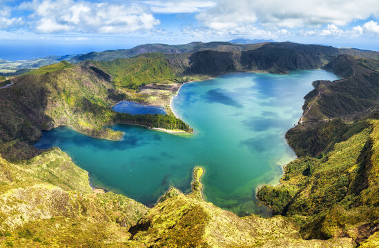 Panoramic view of lake lagoa do Fogo from the mountains on San Miguel Island, Azores, Portugal