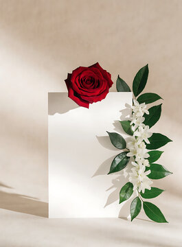 Luxury blank off-white invitation card centered on warm beige background, beautiful red rose at top with trailing white jasmine flowers and lush green leaves running down the right side, soft shadows,