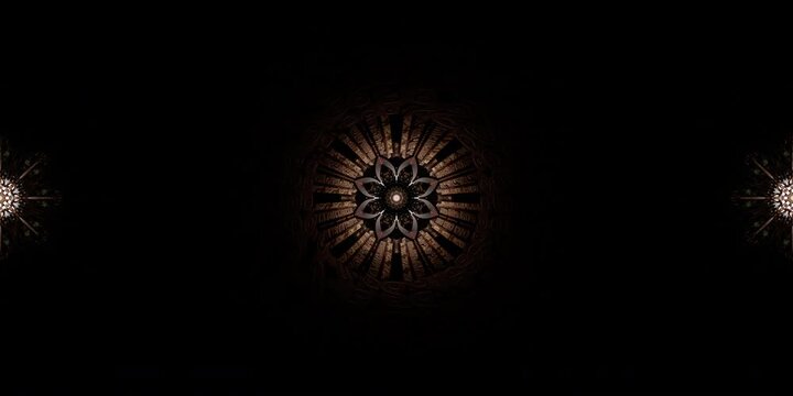Immersive VR 360 sacred geometry mandala rendered as equirectangular environment map and HDRI spherical loop for spiritual dome projection, metaverse temples and VJ performance visuals