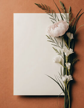 Minimalist cream paper card on soft terracotta background, delicate pink peony and white freesia flowers with green foliage arranged vertically on the right border, clean flat lay, romantic and sophis