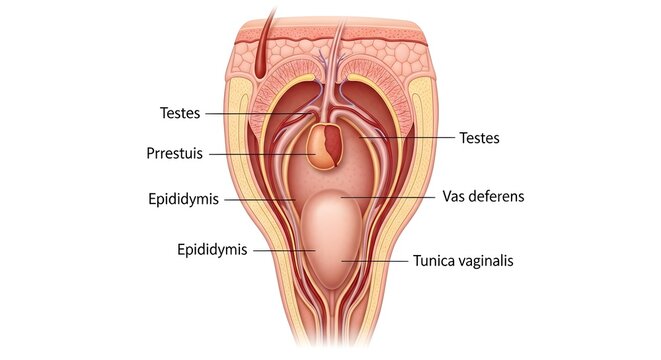 Development and Position of the Testes in the Scrotum: Sagittal Section Illustrating Testis, Epididymis, Spermatic Cord, Vas Deferens, Tunica Vaginalis and Prenatal Descent Pathway Through the Inguina