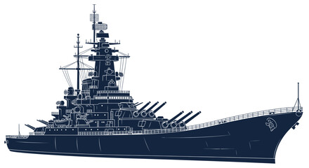 Naval Battleship Illustration: Vintage Warship Silhouette, Military Vessel Blueprint © purnama