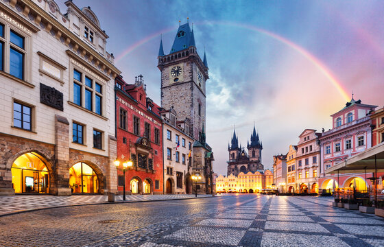 Prague Beautiful Old Town Square with rainbow and church without people. Church of the Virgin Mary.