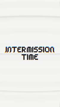 INTERMISSION TIME text animation with a retro glitch effect. Ideal for breaks in live streams, broadcasts, gaming content, or any video needing a stylish pause screen.
