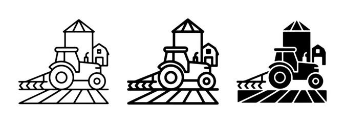 Farm Tractor Plowing Field with Silo and Barn, Agricultural Vector Icons Set, Rural Countryside Scene © Ayesha