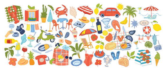 Obraz premium Italian summer vacation icons set Hand drawn Italy Mediterranean drawings Dolce vita amalfi style Italian holiday doodle elements retro vibe. Great for prints, posters, cards, stickers, decor
