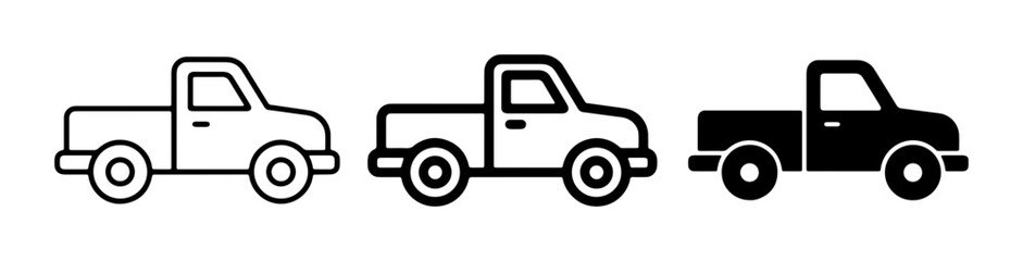 Pickup Truck Icons: Three Styles of Classic Truck Silhouettes, Line Art and Solid Black Vector Graphics for Automotive and Transport Themes © Ayesha