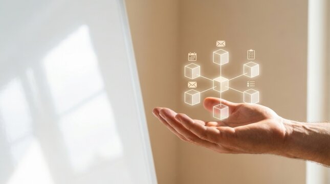 Person's hand holding a white board featuring a hexagon icon representing modern workflow and process management concepts
