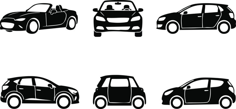 A set of black vehicle silhouette icons featuring a convertible, sedan, hatchback, crossover SUV, electric microcar, and subcompact city car, isolated on white background.
