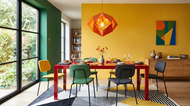 A vibrant dining room features a bright red table, contrasting chairs, and a striking geometric pendant light against a bold yellow wall.