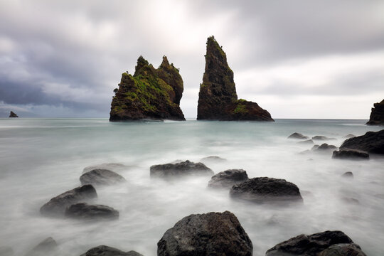 Alagoa Bay beach with amazing sea stacks at sunrise in Flores Island, Azores - Portugal