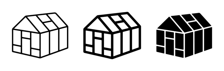 Greenhouse Icons Set, Simple Geometric Structure, Outline and Solid Fill, Agricultural Building Design Elements © Mahmudul