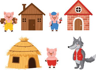 Obraz premium Three Little Pigs Fairy Tale Vector Element Set with Cute Cartoon Pig Characters, Big Bad Wolf, Straw, Wood, and Brick Houses