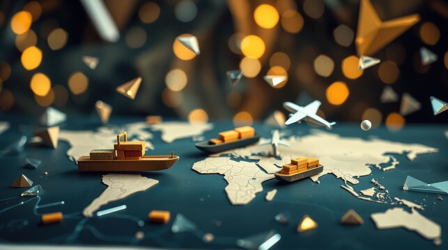 Global shipping concept. Miniature boats, plane above world map. Orange geometric shapes float, dark background creates depth.