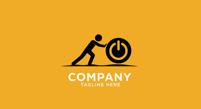 Simple logo with a silhouette pushing a power button symbol, yellow background
