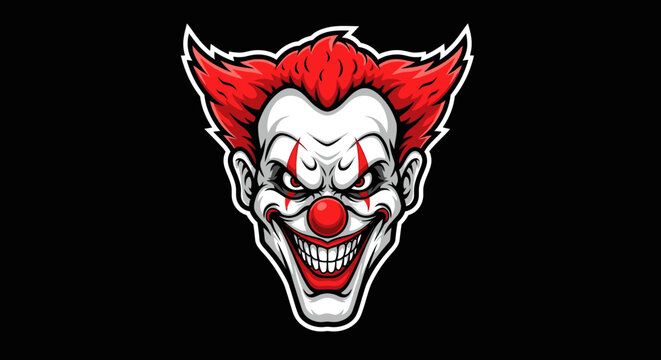 Menacing, sinister clown face with exaggerated features, red hair, and sharp teeth