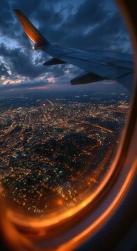 Window frames a wing above glowing city lights