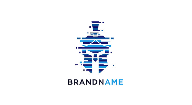 Abstract pixelated robot face with text beneath, digital design