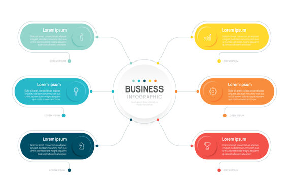 Business hierarchy organogram chart infographics template. 6 Dynamic label circle options presentation.